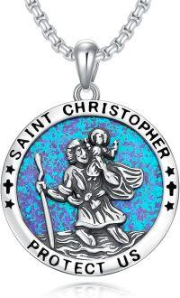 wholesale 925 Sterling Silver Blue Opal Saint Christopher Protect Us Medal Pendant Necklace -Saint Christopher