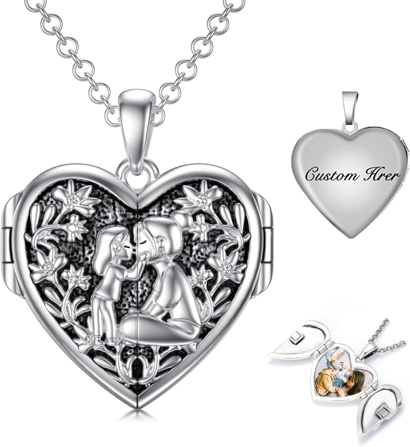 Sterling Silver Abalone Shell Daughter Locket Necklace Gift from Mom Dad-04-Mother Daughter Locket+ Photo+Text-04-Mother Daughter Locket-04-Mother Daughter Locket+ Photo