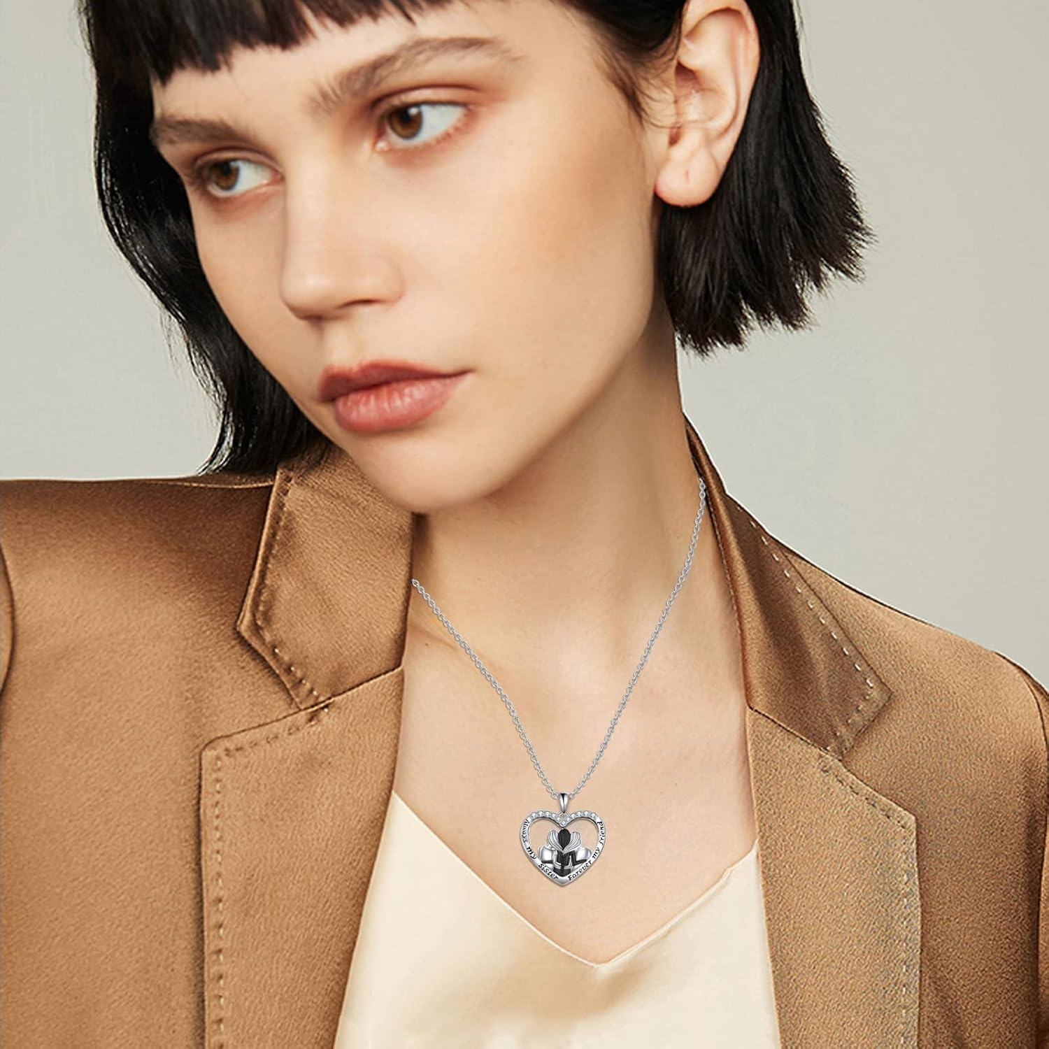 wholesale 925 Sterling Silver Heart-Shaped Pendant with CZ Crystals - Always My Sister Forever My Friend Necklace Gift for Sisters and Daughters-0-1