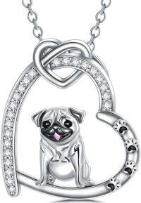 wholesale 925 Sterling Silver Pug Heart Pendant Necklace with Cubic Zirconia and Paw Prints Gifts for Women Girls Pet Lovers-Pug