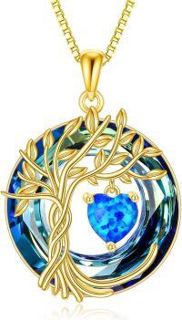 wholesale Sterling Silver Crystal Tree of Life Necklace for Women with Birthstone-10-Oct-Blue Opal