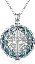wholesale 925 Sterling Silver Round Blue Crystal Pendant with Cross and Lotus Flower Design on Box Chain (18 + 2)-0-0
