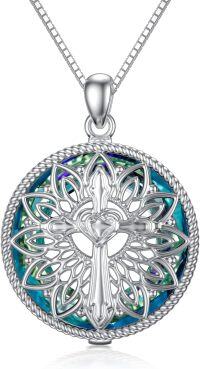 wholesale 925 Sterling Silver Round Blue Crystal Pendant with Cross and Lotus Flower Design on Box Chain (18 + 2)-Lotus Cross