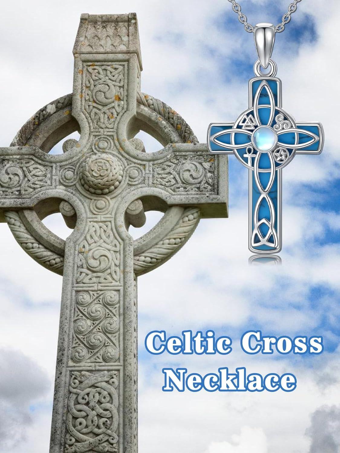wholesale 925 Sterling Silver Cross with Blue Enamel and Moonstone Pendant Necklace - Witch s for Women-0-2
