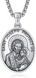 wholesale 925 Sterling Silver St Joseph Protect Us Pendant Necklace for Men with Cross and 3+2 Extender Chain-0-0