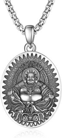 wholesale 925 Sterling Silver Laughing Buddha Pendant Necklace - Mens Protection Jewelry with 3+2 Extender Chain-Laughing Buddha