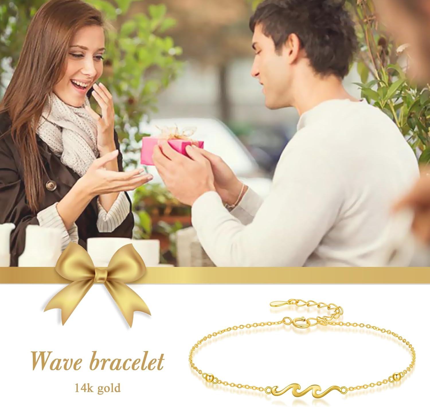 14K Gold Solid 14K Gold Wave Bracelet Ocean Beach Jewelry Women Gifts-0-2