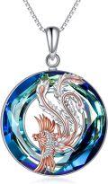 wholesale 925 Sterling Silver Blue Crystal Dragon & Phoenix Pendant Necklace for Women-0-0