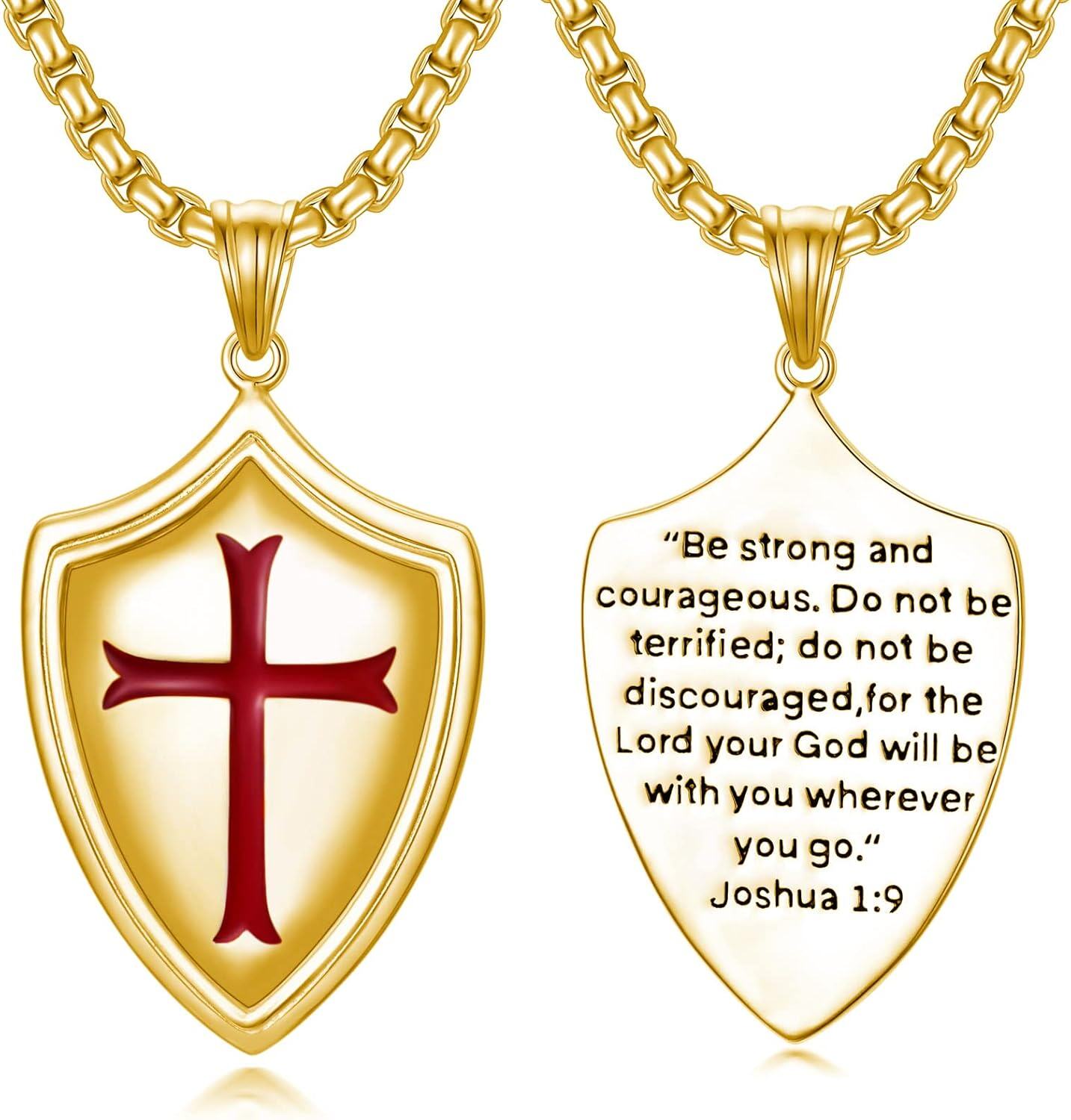 Stainless Steel Sterling Silver Knights Templar Cross Joshua 1 9 Shield Pendant Necklace-0-1