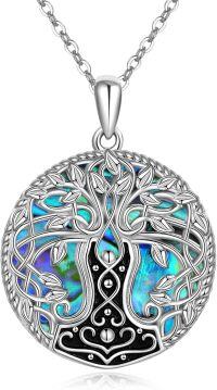 wholesale 925 Sterling Silver Tree of Life Round Pendant Necklace with Blue Abalone Shell Inlay and Celtic Knot Design-Abalone tree life necklace