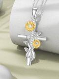 wholesale Gold-Plated 925 Sterling Silver Cross with Sunflowers and Cubic Zirconia Pendant Necklace-0-3