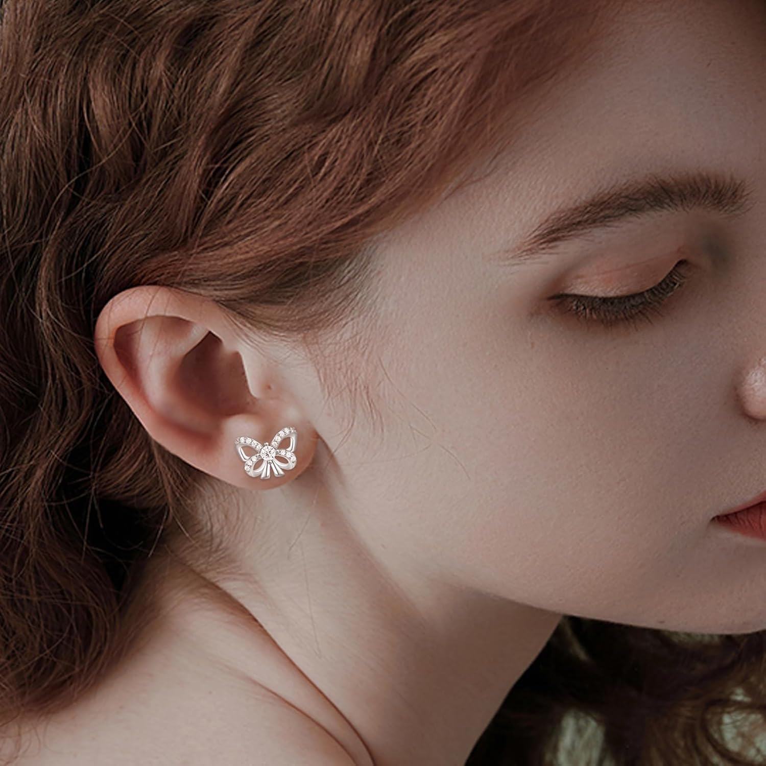  Metal Sterling Silver Stone Bow Stud Earrings for Women Ribbon Jewelry -0-4