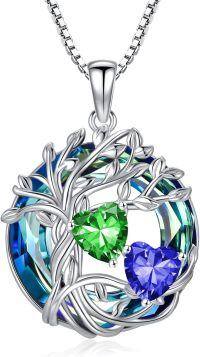 wholesale 18K White Gold Filled Sterling Silver Family Tree Pendant with 2 Heart Birthstones Blue Austrian Crystal Necklace for Women-05-09-May-Spet Birthstone