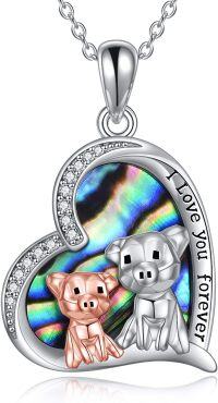wholesale 925 Sterling Silver Abalone Shell Heart Pendant with Origami Pigs and I Love You Forever Inscription - Gift for Her-Abalone shell pig