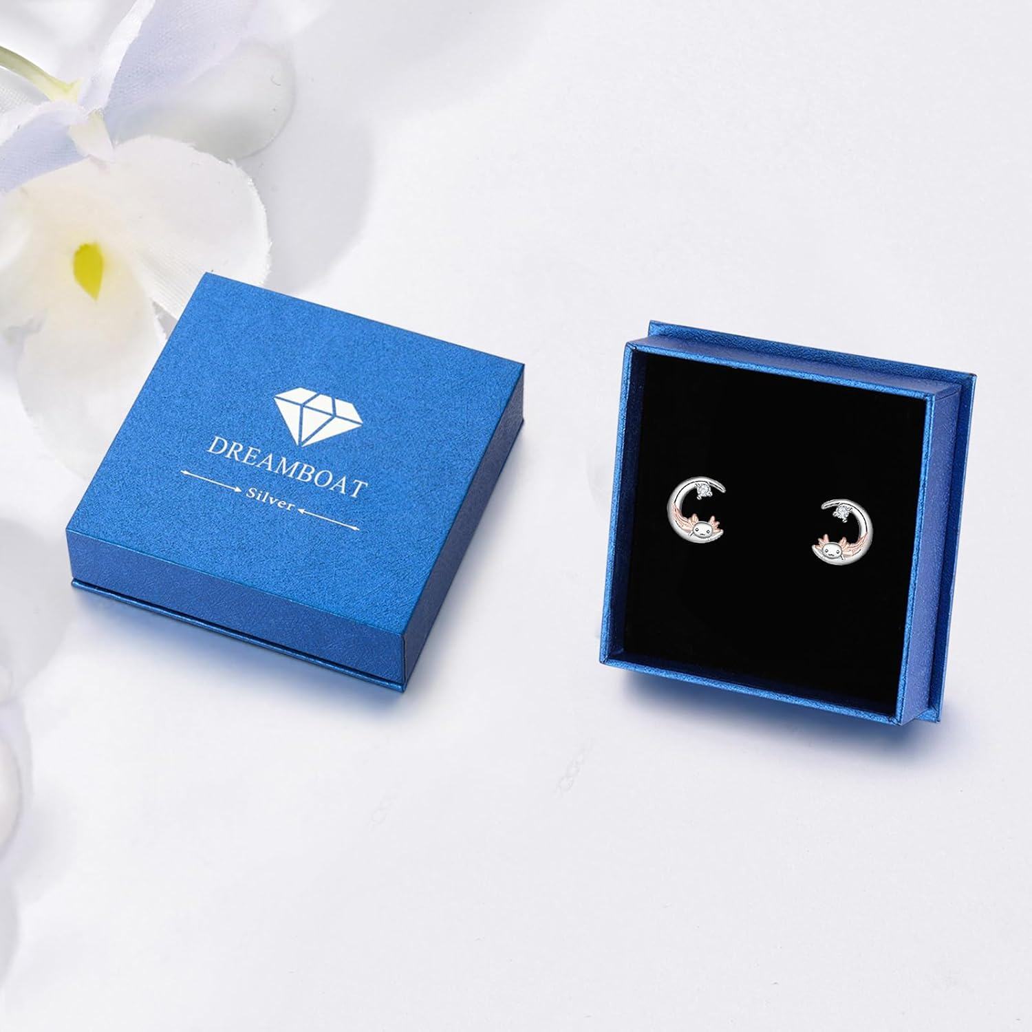 925 Sterling Silver Axolotl Moon Stud Earrings with Rose Gold Accents and Cubic Zirconia Stones for Women-0-6