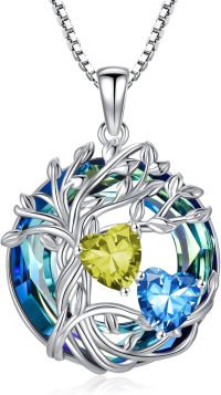 wholesale 18K White Gold Filled Sterling Silver Family Tree Pendant with 2 Heart Birthstones Blue Austrian Crystal Necklace for Women-08-12-Aug-Dec Birthstone