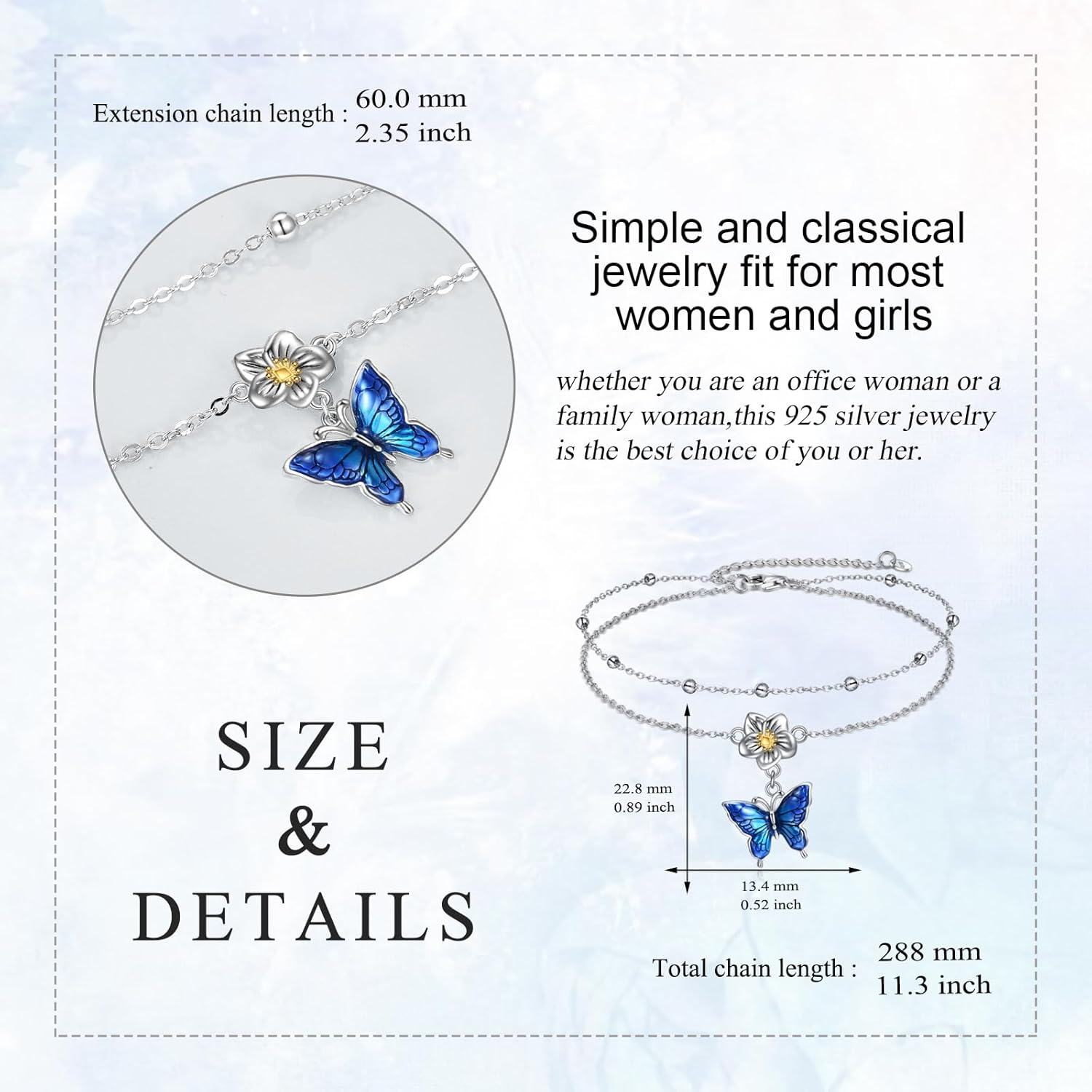 925 Sterling Silver Blue Enamel Flower & Butterfly Charm Layered Ankle Anklet for Women and Girls-0-4