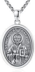 wholesale 925 Sterling Silver St Nicholas Medal Prayer for Us Catholic Patron Saint Charm Necklace Pendant  36 Chain-0-0