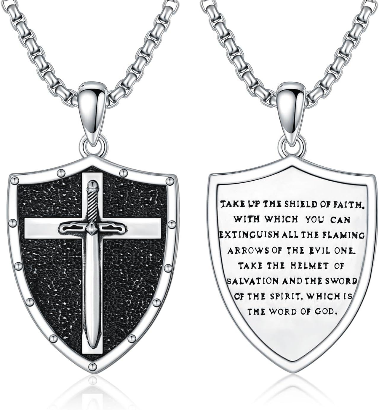 Stainless Steel Sterling Silver Knights Templar Cross Joshua 1 9 Shield Pendant Necklace-Sword & Shield