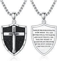 wholesale  & 925 Sterling Silver Knight's Templar Cross Joshua 1:9 Shield Pendant Necklace with Bible Verse Engraving-Sword & Shield