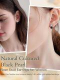 wholesale 925 Sterling Silver Black Freshwater Pearl Flower Stud Earrings for Women-0-2