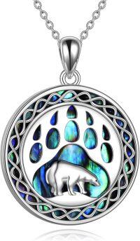 wholesale 925 Sterling Silver Bear Paw Abalone Shell Inlay Round Pendant Necklace for Women-Silver bear necklace