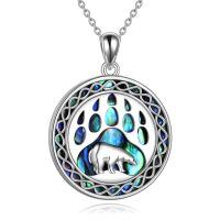 wholesale 925 Sterling Silver Bear Paw Abalone Shell Inlay Round Pendant Necklace for Women-Silver bear necklace