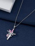 wholesale 925 Sterling Silver Pink Crystal Butterfly & Rose Cross Pendant Necklace Gift for Mom Wife Grandmother-0-3