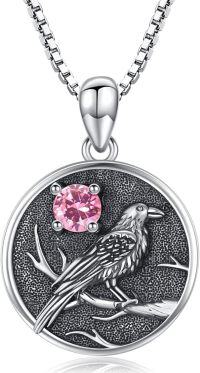 wholesale Silver Synthetic Stone Raven Pendant Crow Round Necklace Gift for Women-October - Pink Tourmaline