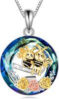 wholesale 925 Sterling Silver Blue Crystal Bumblebee Rose Pendant Necklace for Women-0-0