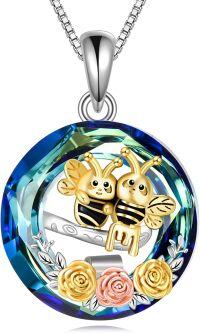 wholesale 925 Sterling Silver Blue Crystal Bumblebee Rose Pendant Necklace for Women-A-Bee