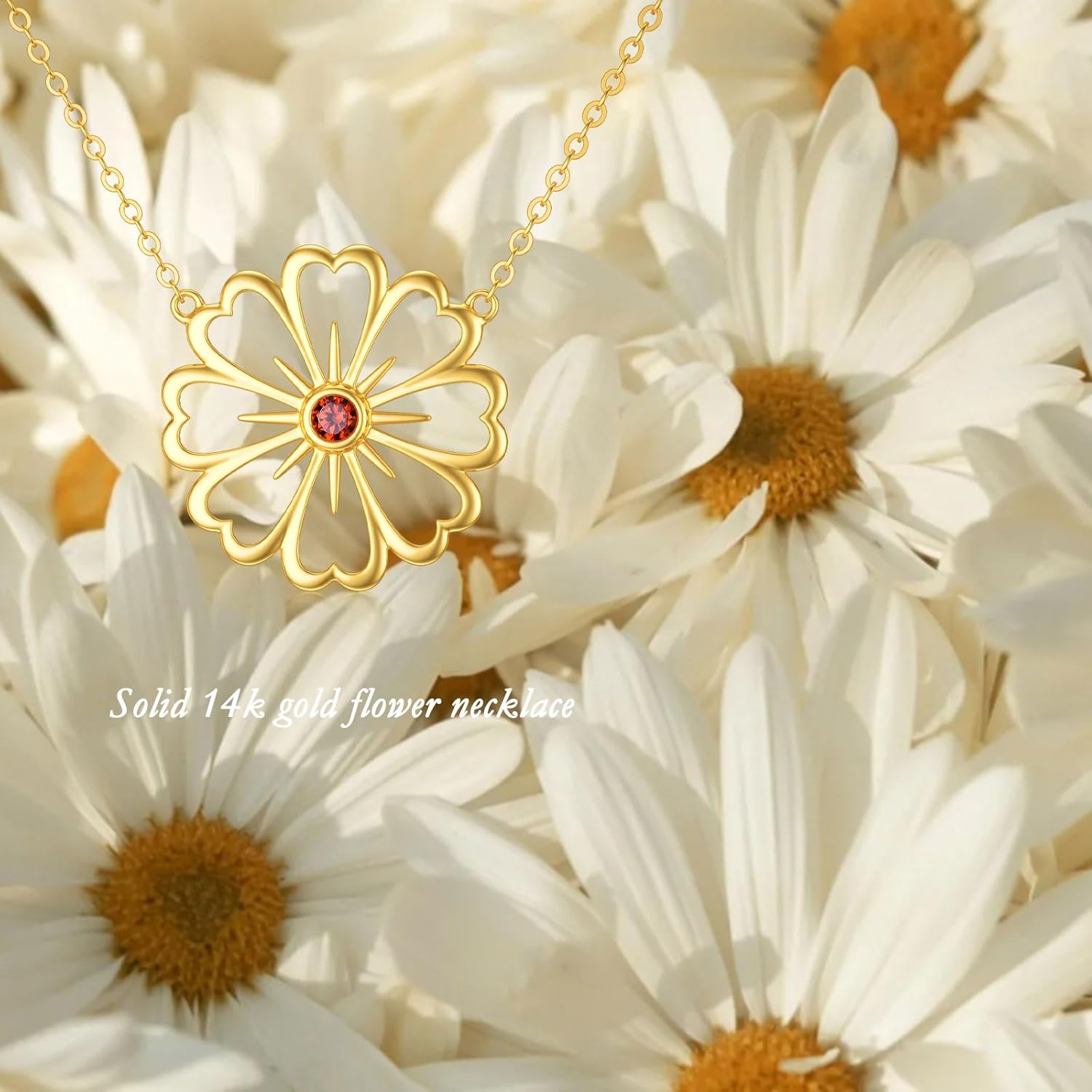 wholesale 14K Gold Daisy Flower Pendant Necklace with Red Stone for Women - Anniversary & Christmas Gifts-0-5