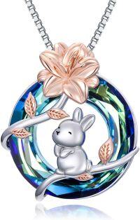 wholesale 925 Sterling Silver Rabbit Pendant with Blue Crystal and Rose Gold Flower Charm Necklace for Women Girls' Gifts-05-Rabbit Crystal Necklace