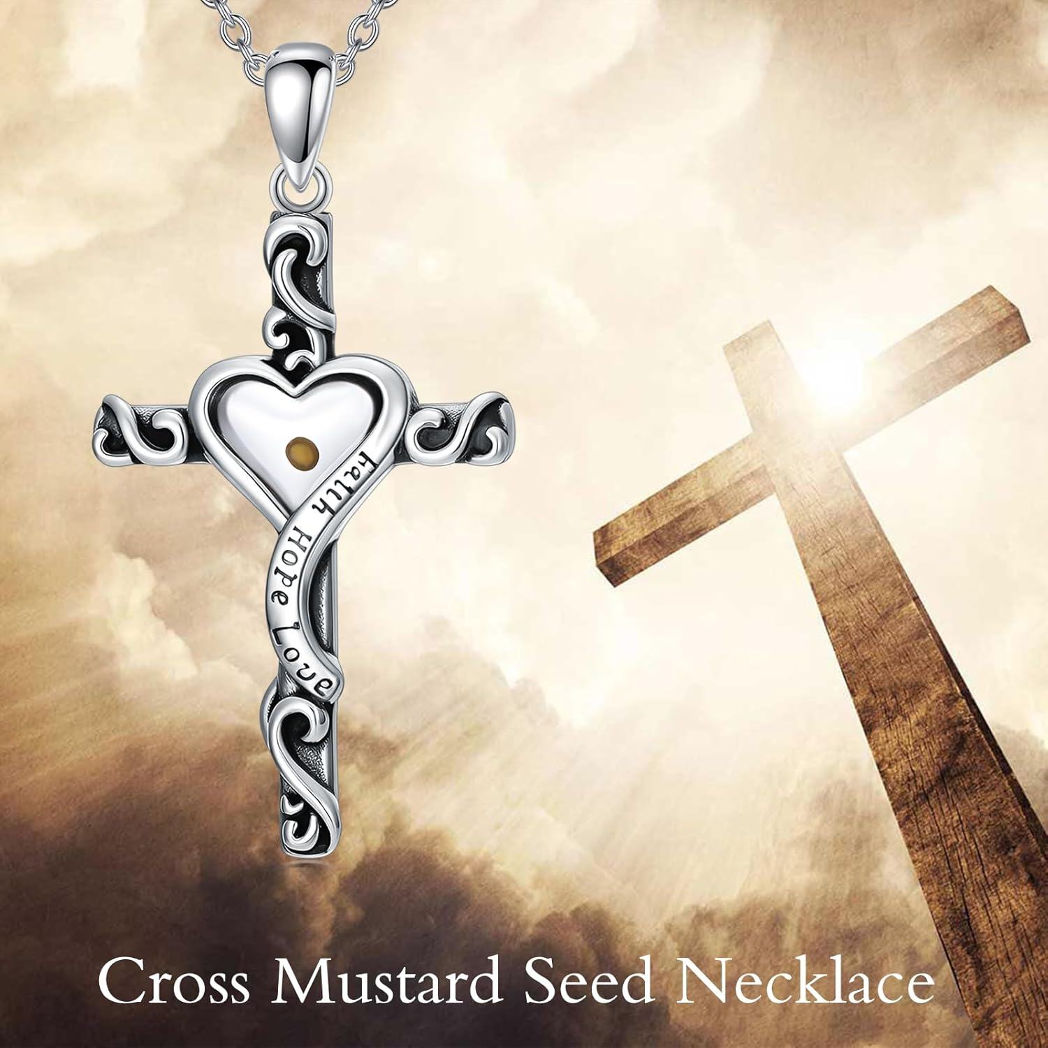 925 Sterling Silver Heart-Shaped Mustard Seed Cross Pendant Necklace with Faith Hope Love Inscription - Christian Faith  for Women and Moms-0-2