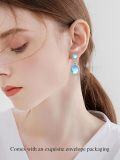 wholesale 925 Sterling Silver Blue Opalite Oval Halo Leverback Dangle Drop Earrings for Women-0-1