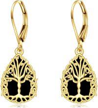 wholesale 925 Sterling Silver Gold Plated Black Onyx Tree of Life Drop Earrings for Women and Girls-Tree of Life Earrings