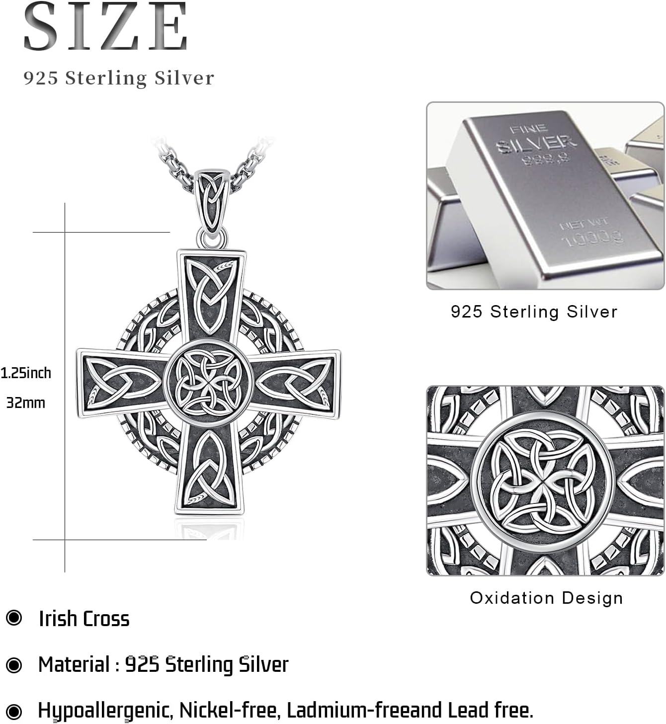 925 Sterling Silver Celtic Knot Cross Pendant Necklace Norse Viking Jewelry for Men Women-0-5