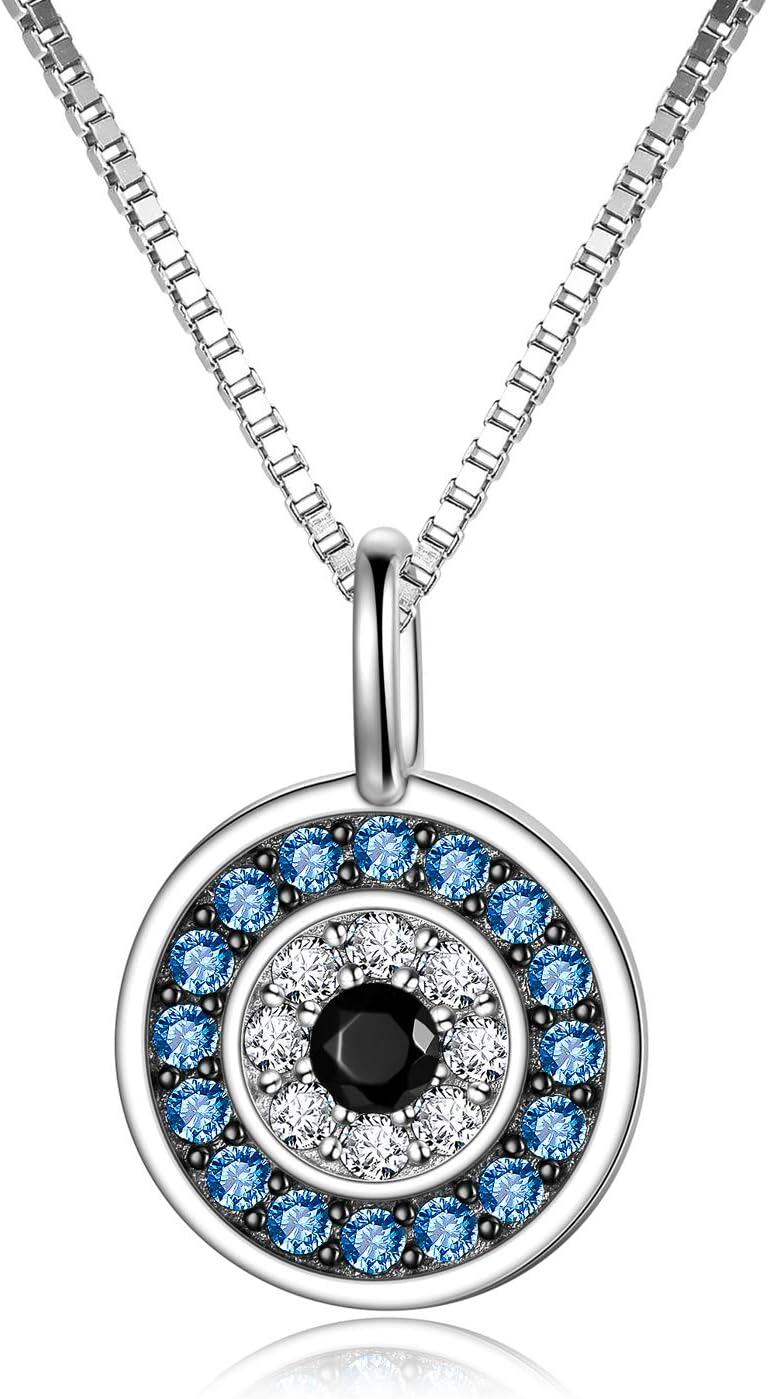 925 Sterling Silver Round Blue Crystal Evil Eye Pendant Necklace for Women Greek Protection s-0-0