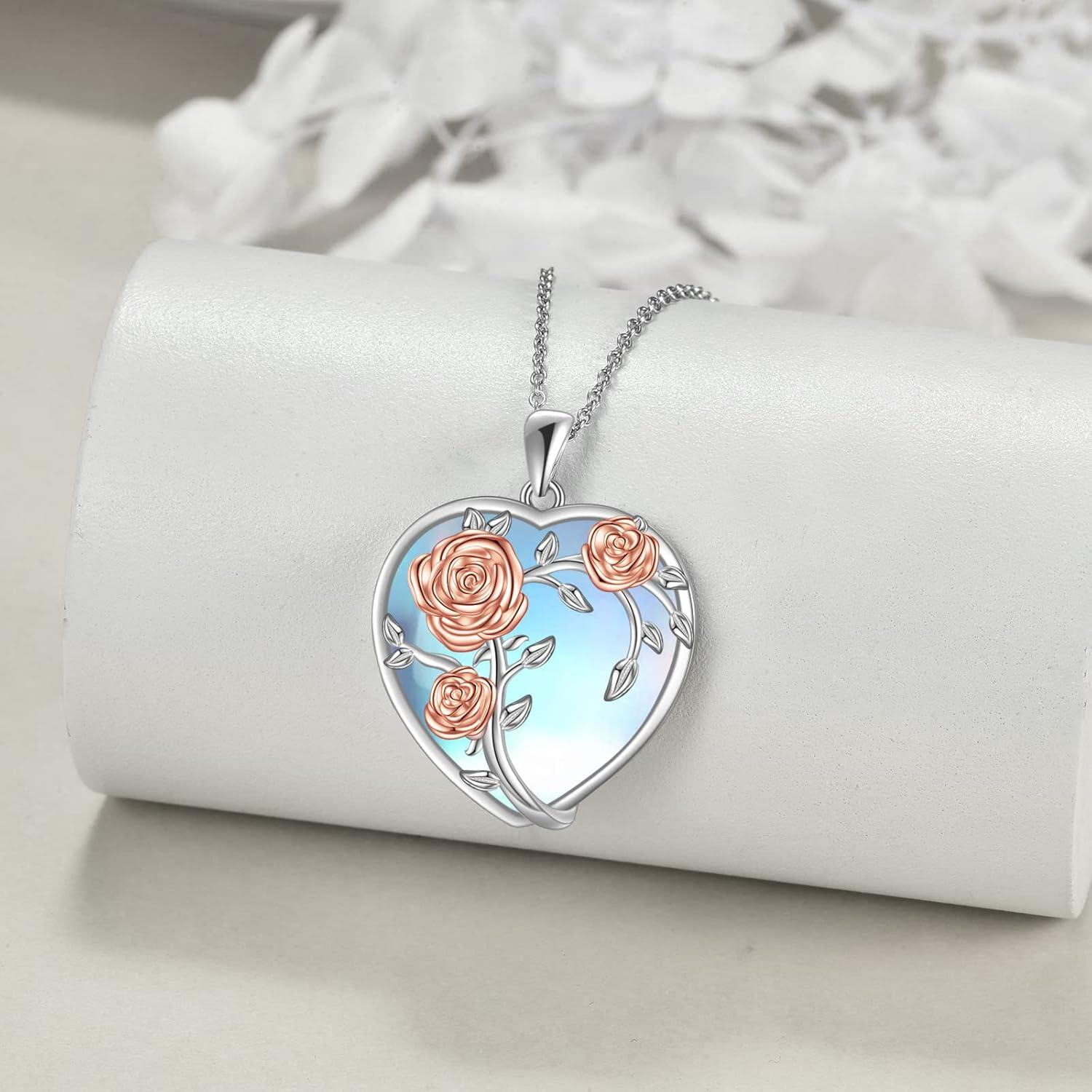  Sterling Silver Moonstone Rose Flower Necklace with Butterfly Pendant Valentine s Gift for Women -0-2