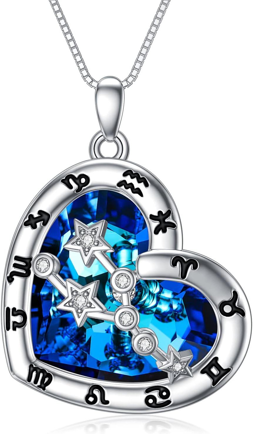 wholesale 925 Sterling Silver Blue Crystal Heart Zodiac Constellation Pendant Necklace-0-0