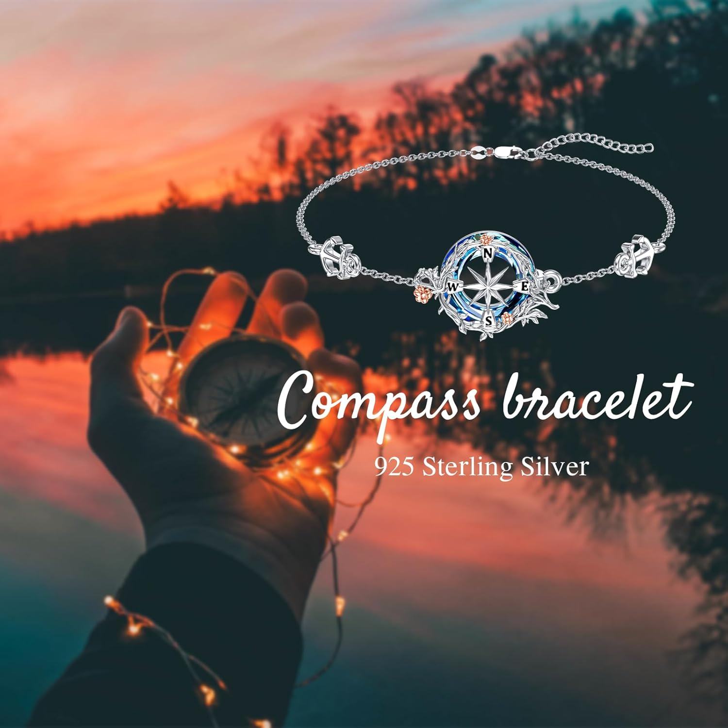 wholesale 925 Sterling Silver Blue Crystal Compass Rose Birthstone Bracelet with Black Cats and Hearts Gifts for Women & Moms-0-3