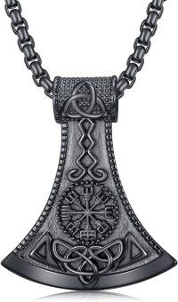 wholesale 925 Sterling Silver Nordic Mjolnir Pendant with Celtic Knots and Vegvisir Compass Design - Viking Thors Hammer Amulet Necklace for Men & Women -Axe-Black-Large