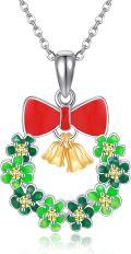 wholesale 925 Sterling Silver Green Flower and Red Bow Pendant Necklace with Gold Bells - Holiday  for Her-0-0