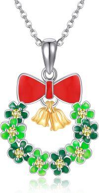 wholesale 925 Sterling Silver Green Flower and Red Bow Pendant Necklace with Gold Bells - Holiday  for Her-Christmas Wreath