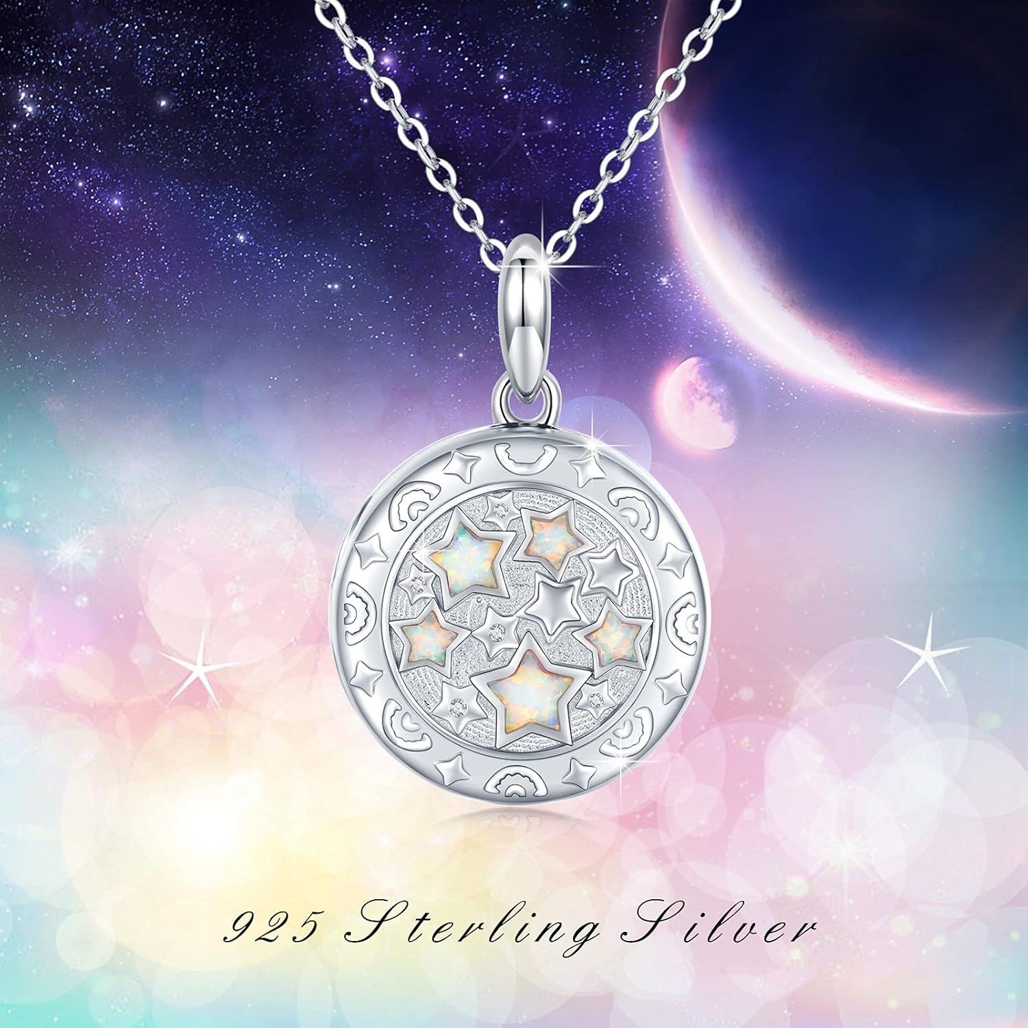 Sterling Silver Opal Star Locket Necklace for Women Picture Holder Jewelry Gift-0-5