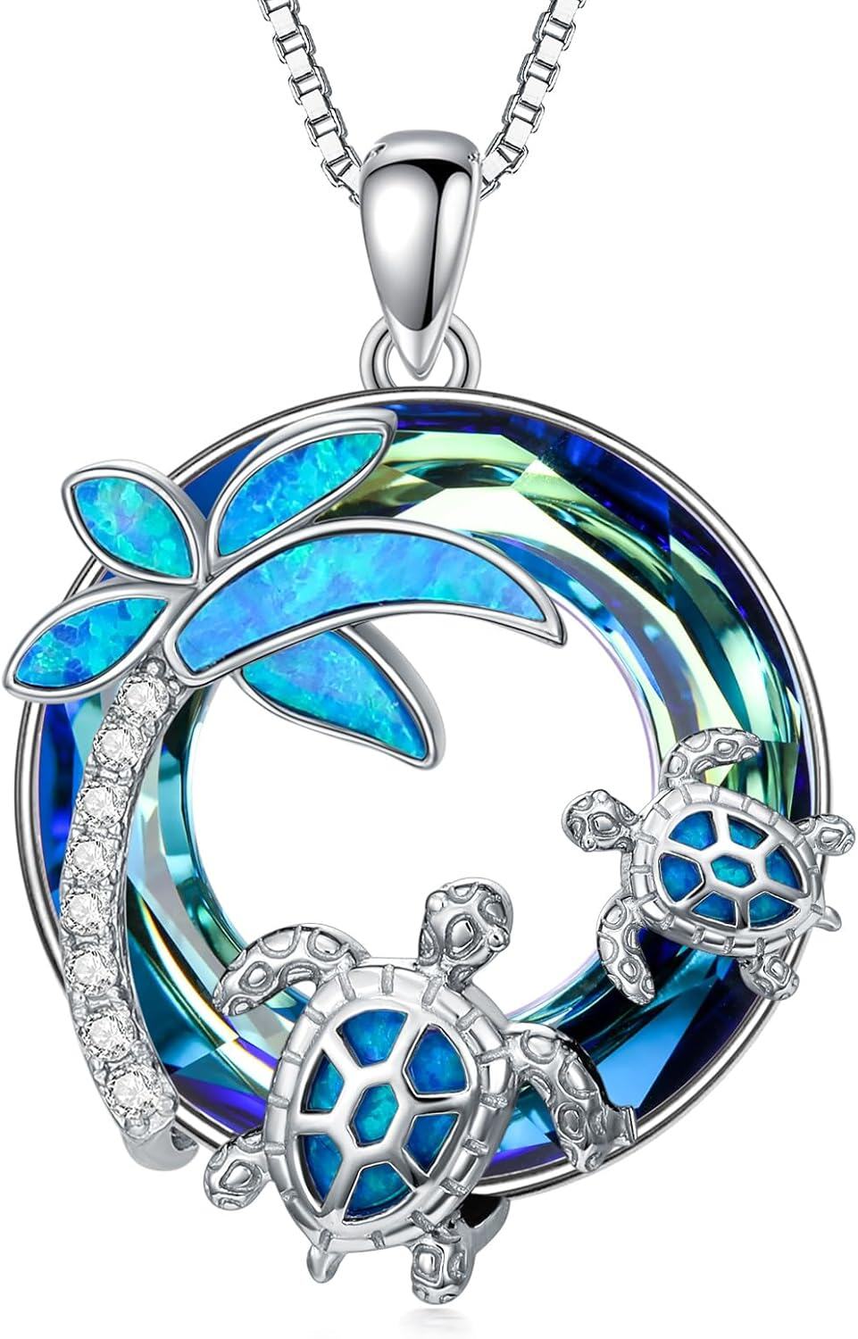 Sterling Silver Crystal Turtle Necklace for Women-Blue-Two Turtles