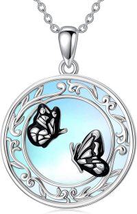 wholesale 925 Sterling Silver Round Blue Opal Double Black & White Butterflies Pendant Necklace-Style 1