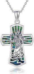 wholesale 925 Sterling Silver Cross with Green Shell Inlay and Religious Figures Pendant Necklace for Women Men  43cm Chain Length-0-0
