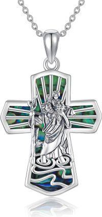 wholesale 925 Sterling Silver Cross with Green Shell Inlay and Religious Figures Pendant Necklace for Women Men  43cm Chain Length-Saint Christopher