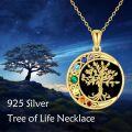 wholesale 925 Sterling Silver Plated Gold Tree of Life Round Pendant with Seven Chakra Stones and Chain for Women-0-2
